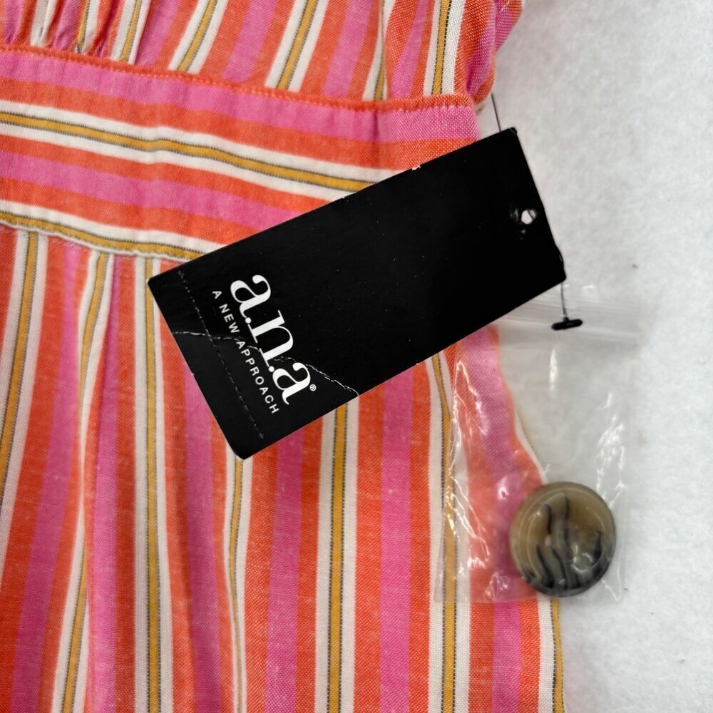 A.N.A Midi Shirt Dress Size L Pink Orange Stripe Linen Blend Button Up Cap Sleev - Picture 7 of 14